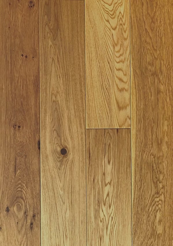 Warm natural engineered oak plank flooring with visible knots and grain variation