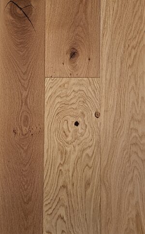 Oak plank flooring with mixed light and dark tones, knots, and prominent grain detail