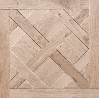 Versailles parquet panel flooring with classic woven square pattern in pale oak tones