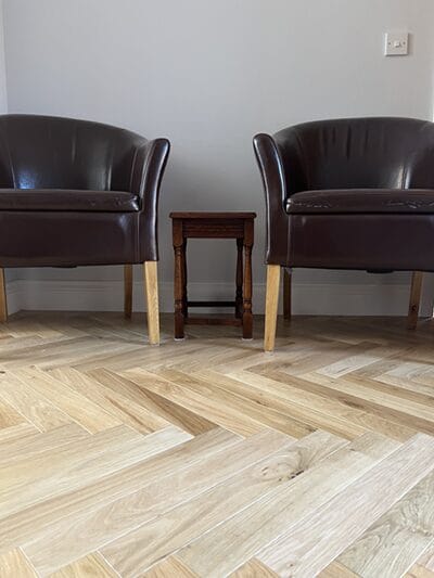Close-up of engineered oak herringbone flooring installed in Cambridge home