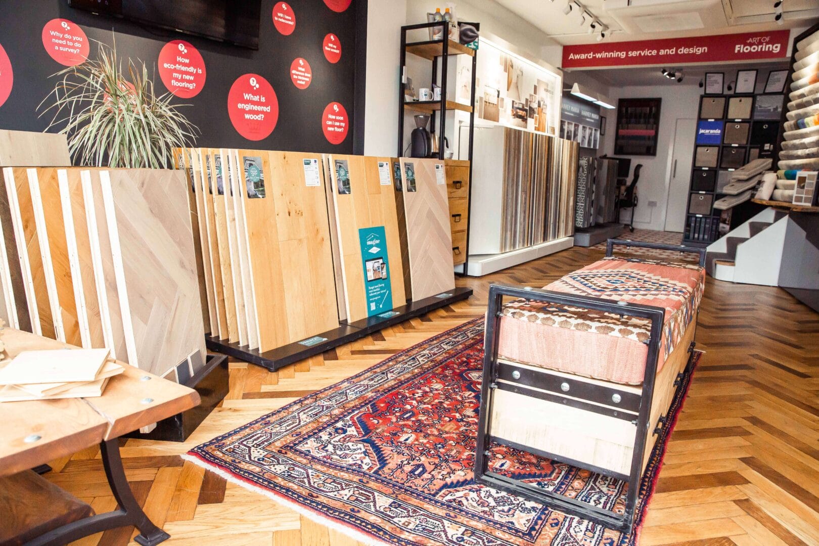 Engineered wood flooring displays inside the Art of Flooring showroom in Cambridge.