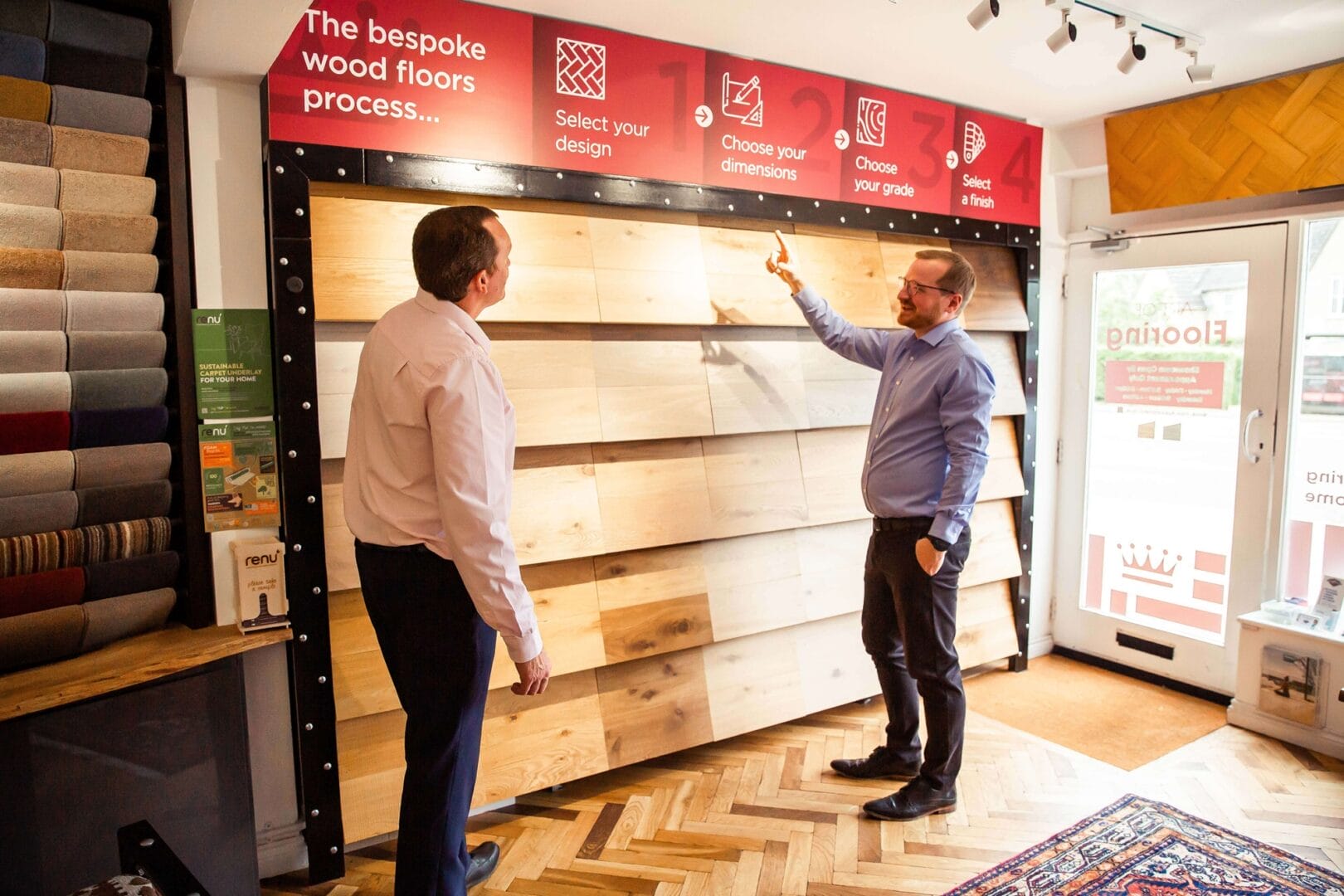 Engineered wood flooring display wall in Cambridge showroom