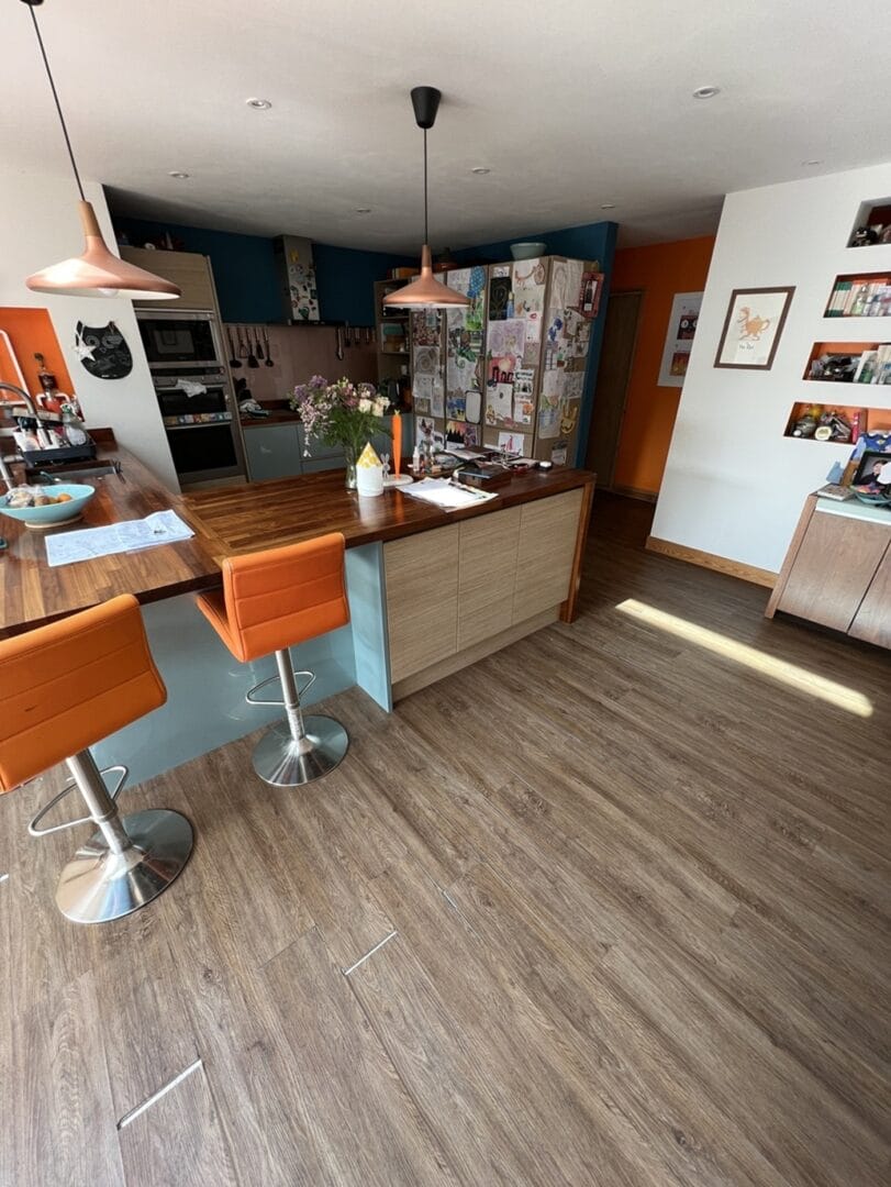 Wood effect LVT flooring installed in a modern Cambridge kitchen