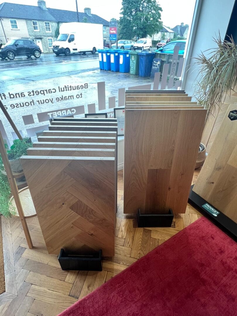 Engineered wood flooring sample boards displayed in the Art of Flooring showroom in Cambridge
