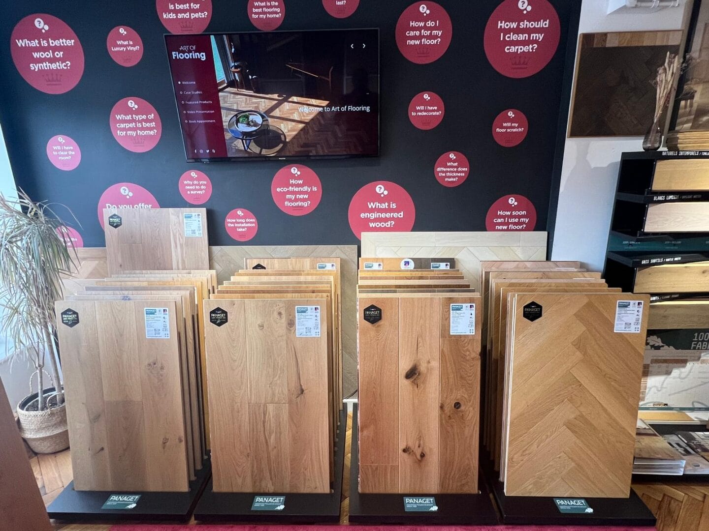 Engineered oak wood flooring samples displayed in a Cambridge showroom