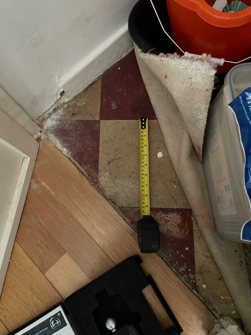 Corner of a room with carpet peeled back revealing old patterned vinyl tile next to a wood floor