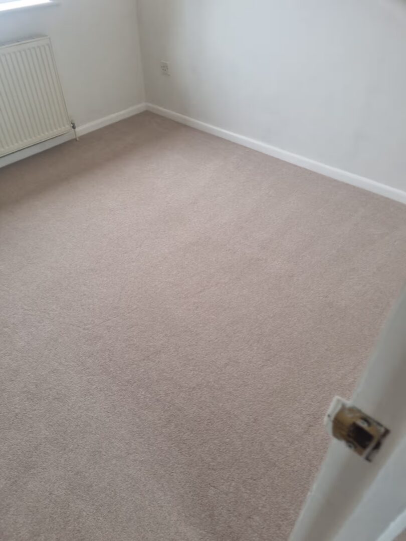 Empty bedroom with beige carpet running to white skirting boards, with a radiator beneath the window
